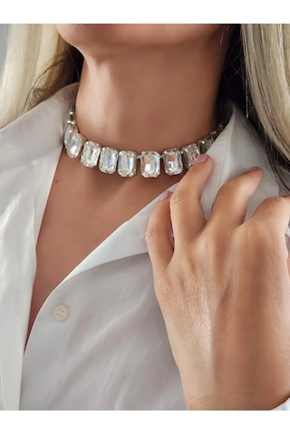 Harmonia Elmas Görünümlü Baget Kare Model Choker Kolye Silver
