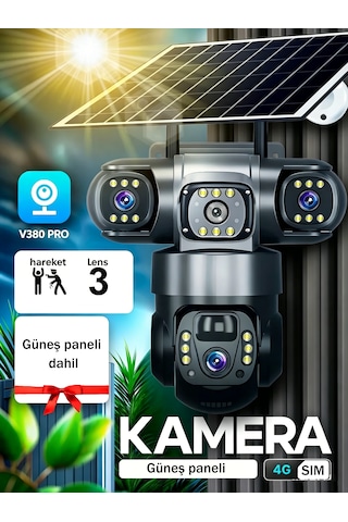 3 Kamera + Güneş Paneli 4k 4g Sım , Uzaktan Kontrol V380pro , Hareket Algılama, Gece Görüş Her Yerde Kullanım İç Ve Dış Mekan