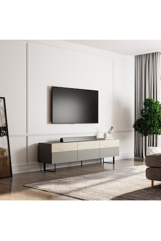 Sign Kapaklı Tv Ünitesi, Tv Sehpası - Metal Ayak - Gri/traverten - Gri Gri