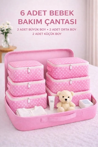 Serstil 6 Parça Doğum/hastane Çıkış Çantası Bebek Bakım Hurç Vve Çanta Seti - Pembe Benekli Pembe Puantiye