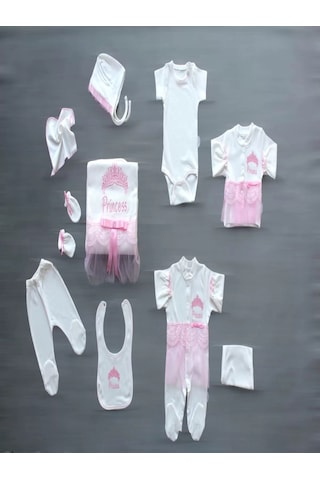 Melonika Taçlı Prensesim Nakışlı 10lu Zıbın Takımı Hastane Çıkışı Pembe Çok Renkli