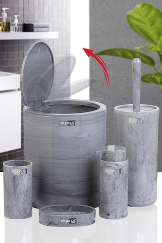 Okyanus Home Yuvarlak Mermer Desenli 5'Li Banyo Seti OKY-513 Gri