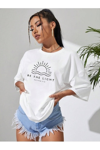 Be The Lıght Kadın Renkli Özel Baskılı Oversize Süprem Bisiklet Yaka T-shirt Beyaz-283784