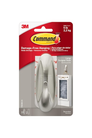 Command Büyük Tasarımcı Kanca, 5 Lbs&apos Ye Kadar Tutar, 2 Command Şeritli 1 Duvar Kancası, Fırçalanmış Nikel Rengi, Yaşam Alanlarında Süslemeleri Asmak İçin Hasarsız Asma Kancaları 100