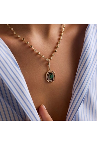 Sembolgold 14 Ayar Özel Tasarım Yeşil Taşlı Kolye Ball Chain T14386 Renkli