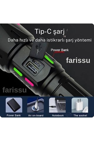 Rt-063 B 60w 6000 Lümen Ultra Güçlü Beyaz Lazer Led El Feneri - 2 Km Menzilli & Powerbank Özellikli Siyah