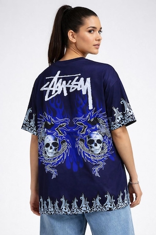 Wear Vexel Kadın Oversize Tişört Dragon & Kuru Kafa Baskılı Bisiklet Yaka T-shirt - Lacivert Lacivert