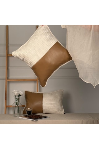 "bouclé & Leather" Deri Kırlent Kılıfı Seti Kahverengi - Beyaz