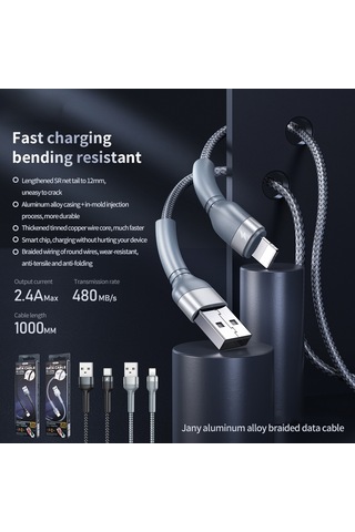 Remax Rc-124a 1m 2.4a Usb-c / Tip-c Alüminyum Alaşımlı Örgü Hızlı Şarj Veri Kablosu Siyah