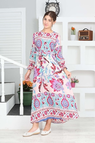 Kız Çocuk Viskon Kumaş Desenli Uzun Elbise Mavi