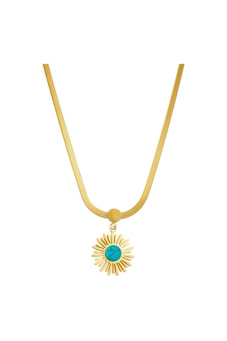 Çelik İtalyan Zincirli Firuze Doğaltaşlı Bayan Altın Renk Kolye Çelik