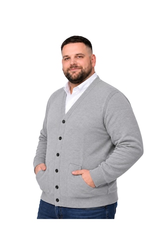 Battalmoda Erkek Büyük Beden Gri Cepli Düğmeli Triko Hırka 3xl-4xl-5xl-6xl