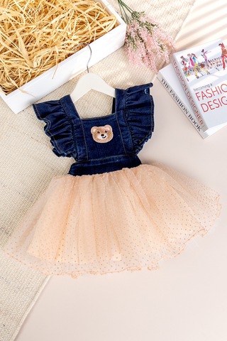 Babymod Ayıcık İşlemeli Tül Etekli Kız Bebek Elbise Kot Jile Somon