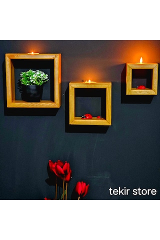 İç İçe Geçmeli 3'lü Duvara Asılabilir Mumluk Meşe Rengi