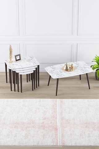 Canisa Concept Telwe Serisi Mdf Zigon Ve Orta Sehpa Takımı Beyaz Mermer Desenli Ceviz Zigon Ve Orta Sehpa Beyaz Mermer Ayakları Ceviz