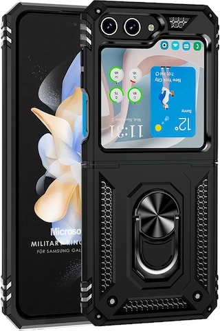 Microsonic Samsung Galaxy Uyumlu Z Flip 7 Fe Kılıf Military Ring Holder Siyah -