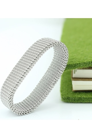 Chavin Bayan Erkek Esnek Gri Çelik Örgü Yüzük N48 Beyaz