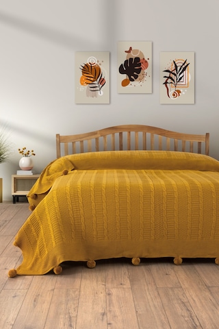 Sevim Çift Kişilik Ponponlu Triko Örme Battaniye - Yumuşak Doku & Şık Tasarım - Mint Yeşili - 220x240 Cm Hardal Hardal