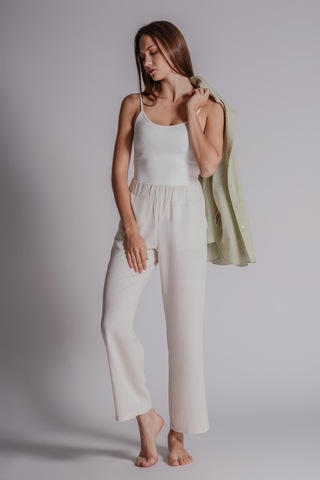 Braccas Kadın Keten Karışımlı Yandan Cepli Beli Lastikli Relaxed Fit Pantolon Naturel Naturel