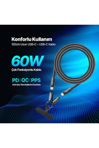 Ttec Extremecable Hip Çok Fonksiyonlu Ekstra Dayanıklı USB-C –USB-C 60W PD/Qc 120 CM Hızlı Şarj/Data Kablo Siyah