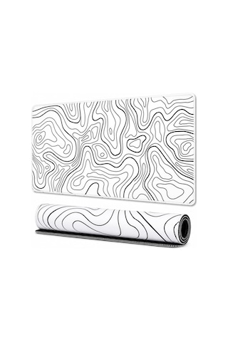 90x40 Cm Mouse Pad, Siyah Topografik Kontur Desenli Büyük Gaming Mouse Pad, Kaymaz Kauçuk Tabanlı, Dikişli Kenarlı