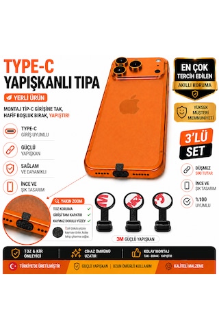 Type-c Yapışkanlı Toz Koruma Tıpası Yuvarlak 3 Lü Set Şarj Girişi Koruyucu Premium
