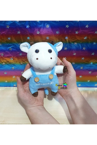Sevimli Peluş İnek Oyuncak Yavru İnek 18 Cm Bebek Uyku Arkadaşı Oyun Arkadaşım Beyaz - mavi