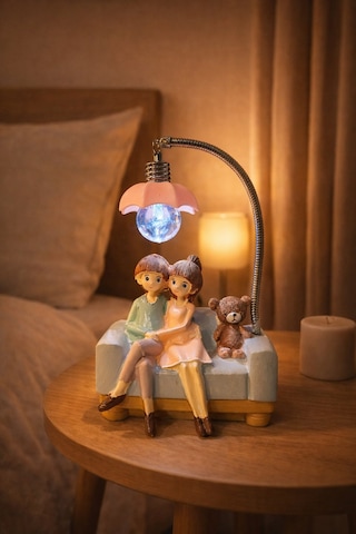 Romantik Çift Figürlü Işıklı Biblo Genç & Yatak Odası Dekoru - Sevgiliye Hediye, 18 Cm Pembe