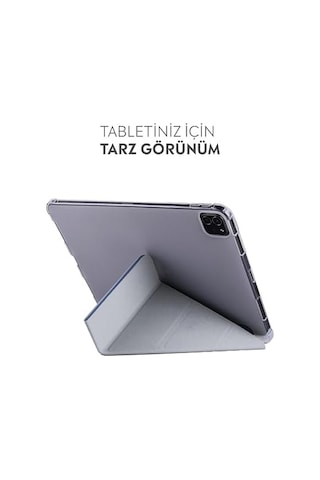 Apple İpad İle Uyumlu Kalem Bölmeli Trifolding Cover Tablet Kılıf Katlanabilir Standlı Otomatik Uyku Modlu Darbe Emici İnce Tasarım Mavi, İpad 12.9 Air 13 2024/2025