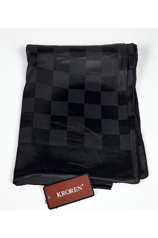 Kroren Krep Jakarlı Dama Desen Şal - 70 X 190 - 7379 Siyah