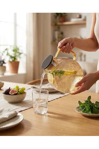 Borosilikat Cam Amber Salyangoz Desenli Filtreli Sürahi 2500 Ml Ve 2 Adet 300 Ml Bardak