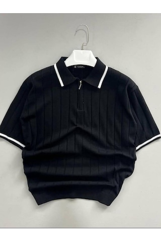 Fermuarlı Polo Yaka Kısa Kollu Triko T-shirt SIYAH