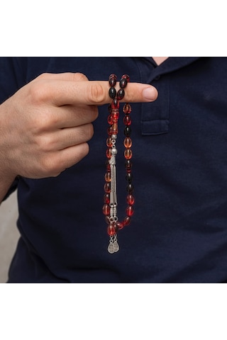 Premium Parlak Eskitmeli Metal Püsküllü Siyah Ve Ateş Tonlu Sıkma Kehribar Tesbih Çok Renkli
