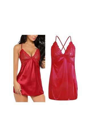 Dolıty Kadın Babydoll İç Giyim Dantel Askılı Pijama T-sırt Kırmızı L Kırmızı