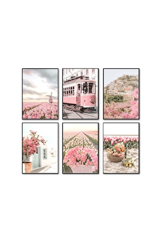 Pembe Düşler, Şehir Ve Doğa 6 Lı Çerçeve Görünümlü Modern Mdf Tablo Seti- Ev Dekorasyonu Çok Renkli - 670299493 Çok Renkli