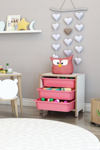 3 Sepetli Çok Amaçlı Oyuncak Dolabı Mdf Pembe Pembe
