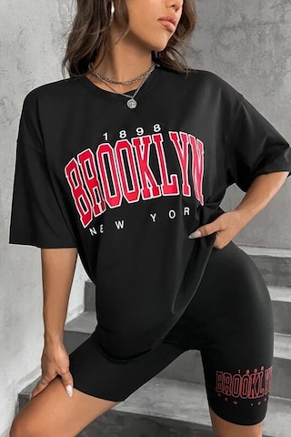 Modagen Kadın Oversize Siyah Brooklyn New York Baskılı Tshirt Tayt Takım Siyahk