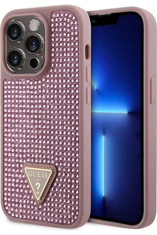 Apple Uyumlu iPhone 15 Pro Kılıf Guess Lisanslı Taşlı Arka Yüzey Üçgen Logolu Kapak Siyah