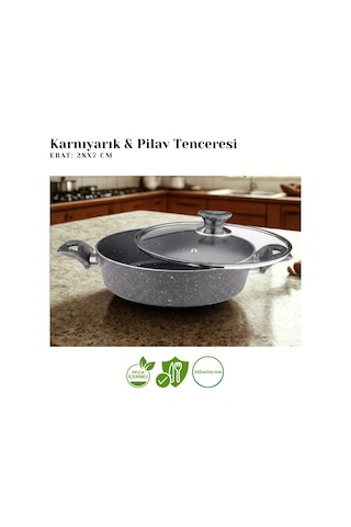 28 Cm Granit Karnıyarık & Pilav Tenceresi Cam Kapak - Gri Gri