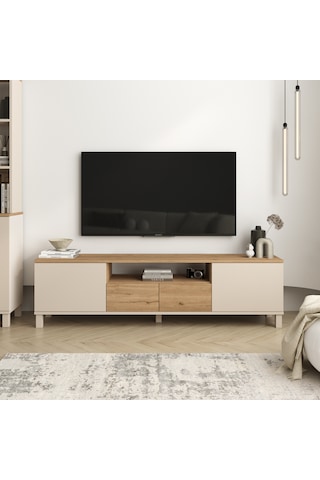 Robin Home Urban Tv Ünitesi Sehpası 2 Kapaklı 2 Çekmeceli Ahşap Ayaklı 180cm Kumsal-sepet Bej