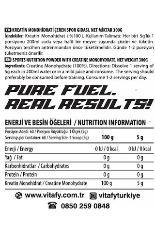 Vitafy Creatine 60 Servis Aromasız  300 G