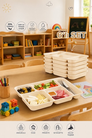 6 Adet 5 Bölmeli Bpa İçermez Lüks Plastik Piknik Yemek Servis Tabağı-tabldot Servis Tabağı Krem -21 31 3,5 Cm