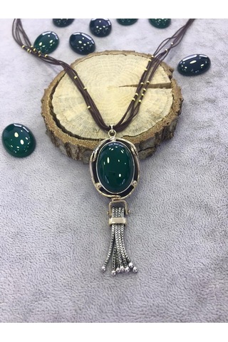 Yeşil Akik Taşlı Gümüş Kolye 925 Ayar 512655437