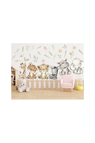 Sevimli Safari Hayvanları Ve Yeşil Yapraklar Çocuk Bebek Odası Cam Duvar Sticker Seti