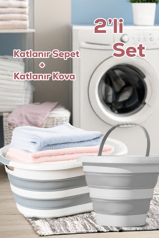 Porsima 2li Katlanır Temizlik Seti - Katlanır Sepet 25lt - Katlanır Kova 10lt Beyaz - Gri