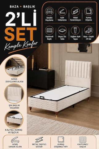 Beehanem Ezgi Krem 120x200 En Geniş Tek Kişilik Premium Baza Başlık Takımı 2'li Set 120 x 200