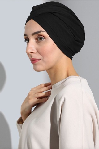 Umttrend Aura Hazır Türban Bone Penye Siyah Bone Çapraz Bantlı Kadın Tesettür Bone Iç Ve Dış Bone