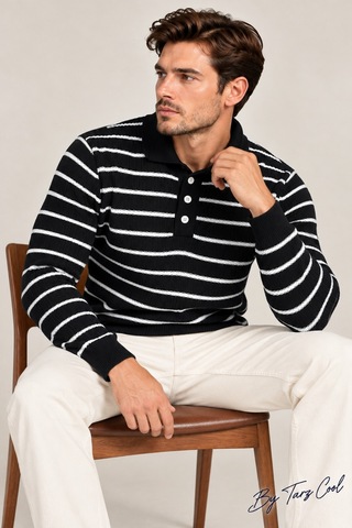 Cool Tarz Erkek Çizgili Polo Yaka Triko Kazak Slim Fit Uzun Kollu Pamuk Akrilik Karışımlı Siyah Siyah