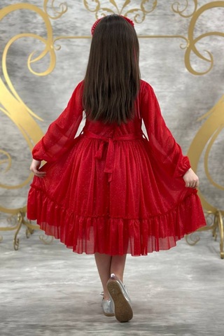 Zarif Simli Kız Çocuk Kırmızı Elbise 001