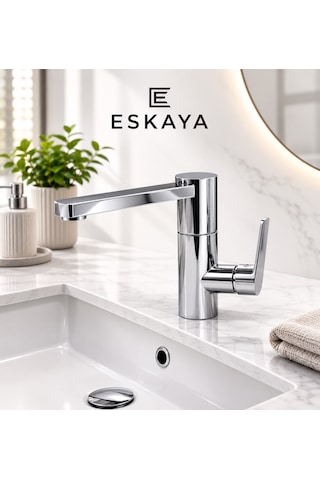 Eshom Lüx Premium Silva 360 Döner Borulu Banyo Lavabo Bataryası Çeşmesi Musluğu Krom